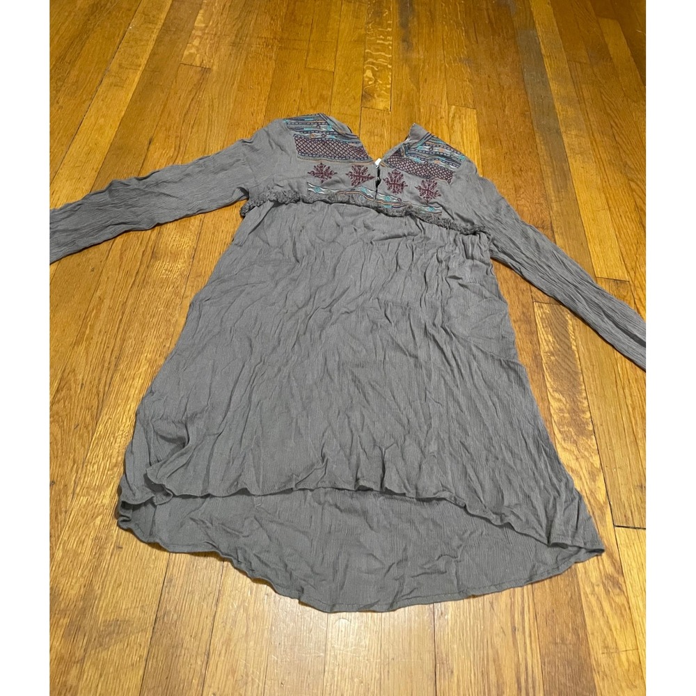Umgee USA Grey Embroidered Boho Tunic Dress Long Sleeve Fringe Trim Small